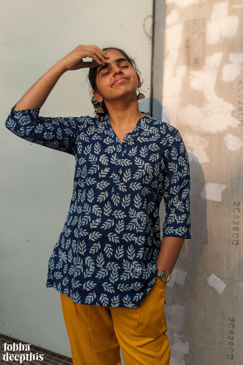 Leaves on Indigo Collar Short Top - Lobha Deepthis