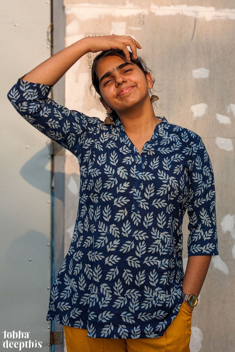 Leaves on Indigo Collar Short Top - Lobha Deepthis