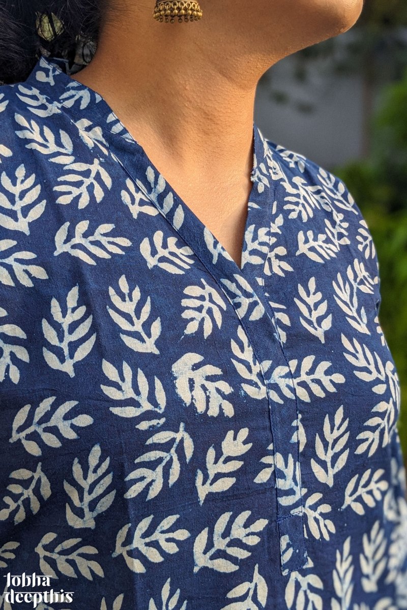 Leaves on Indigo Collar Short Top - Lobha Deepthis