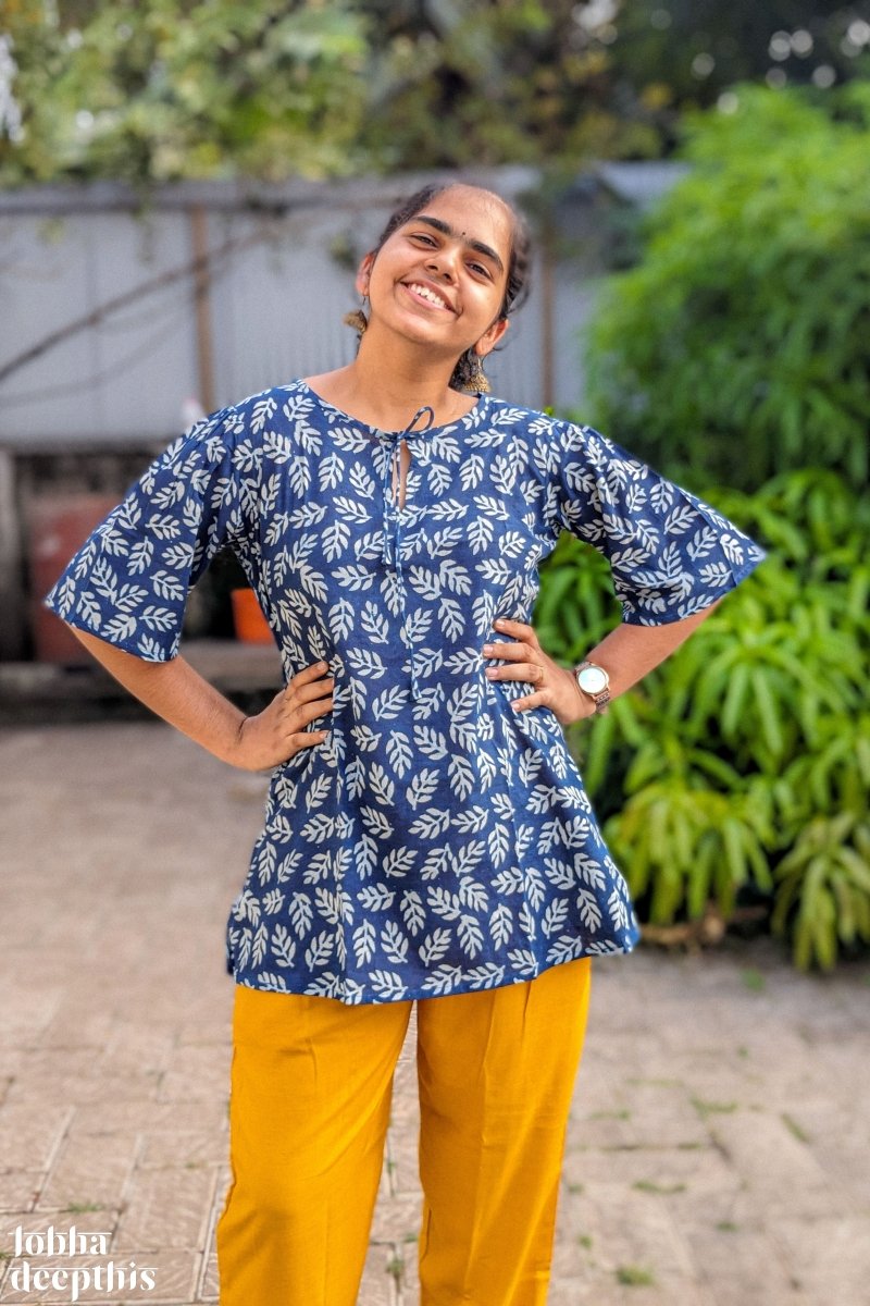 Leaves on Indigo Keyhole Neck Short Top - Lobha Deepthis