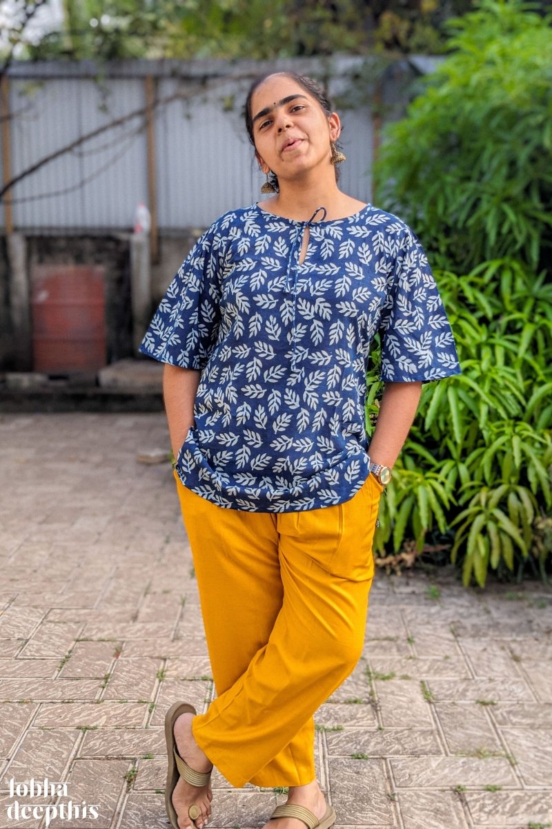Leaves on Indigo Keyhole Neck Short Top - Lobha Deepthis