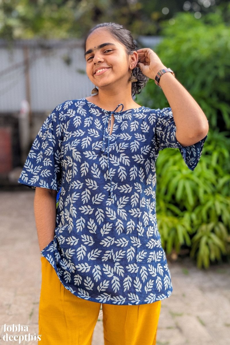 Leaves on Indigo Keyhole Neck Short Top - Lobha Deepthis