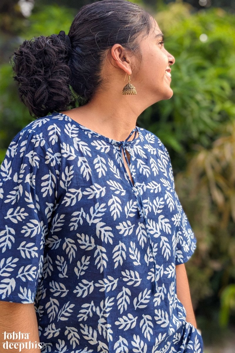 Leaves on Indigo Keyhole Neck Short Top - Lobha Deepthis