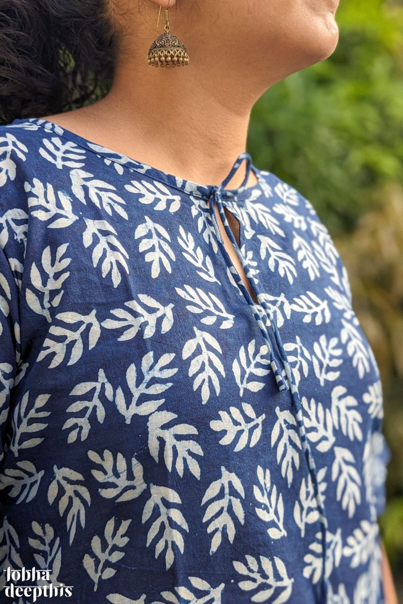 Leaves on Indigo Keyhole Neck Short Top - Lobha Deepthis