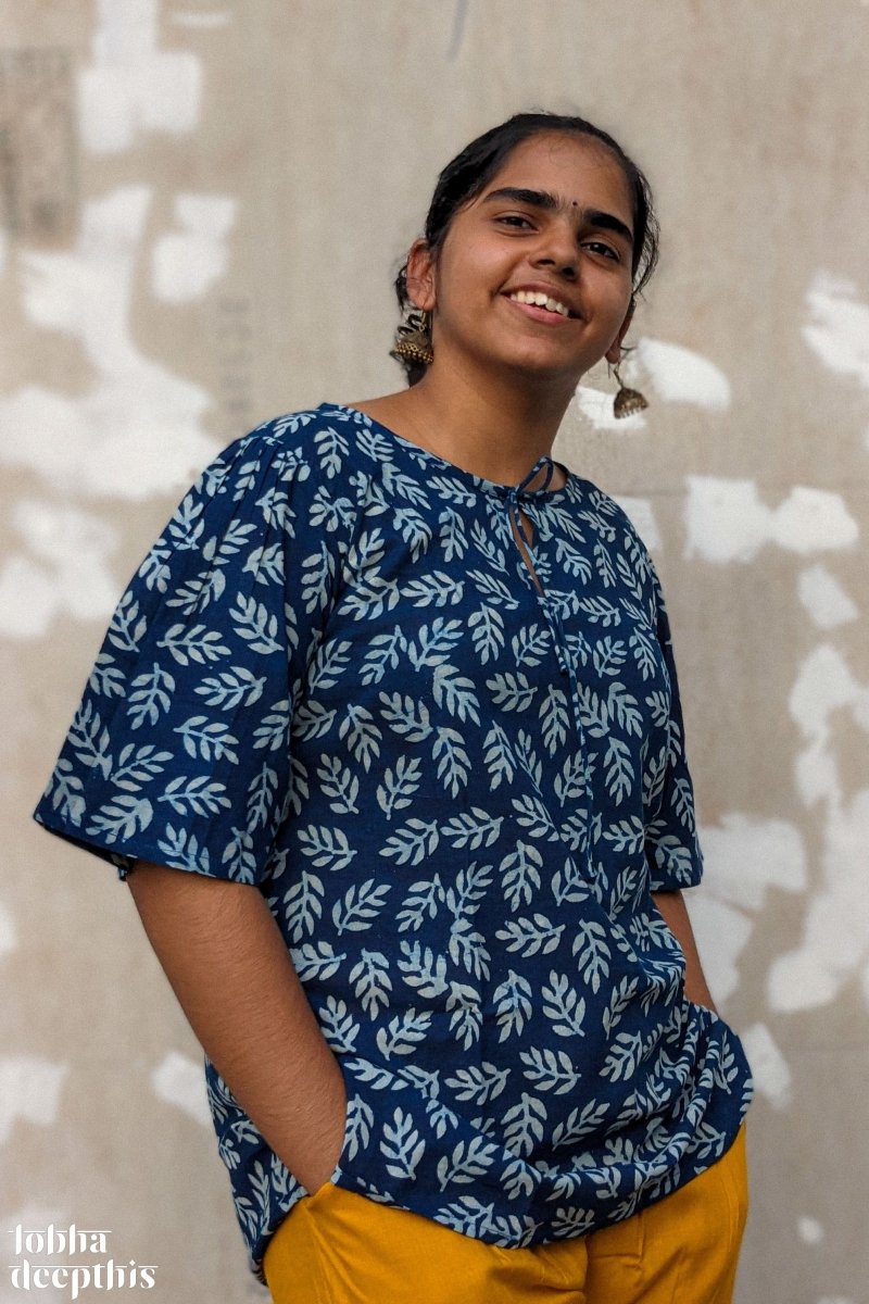 Leaves on Indigo Keyhole Neck Short Top - Lobha Deepthis