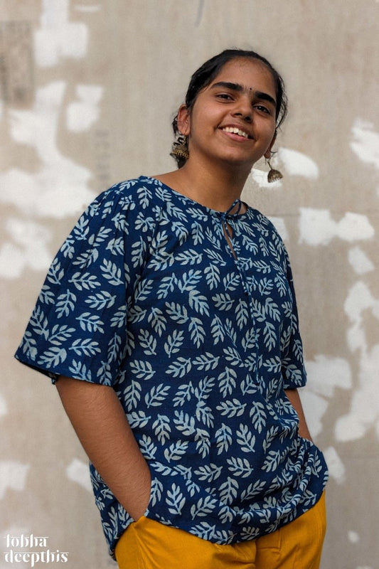 Leaves on Indigo Keyhole Neck Short Top - Lobha Deepthis