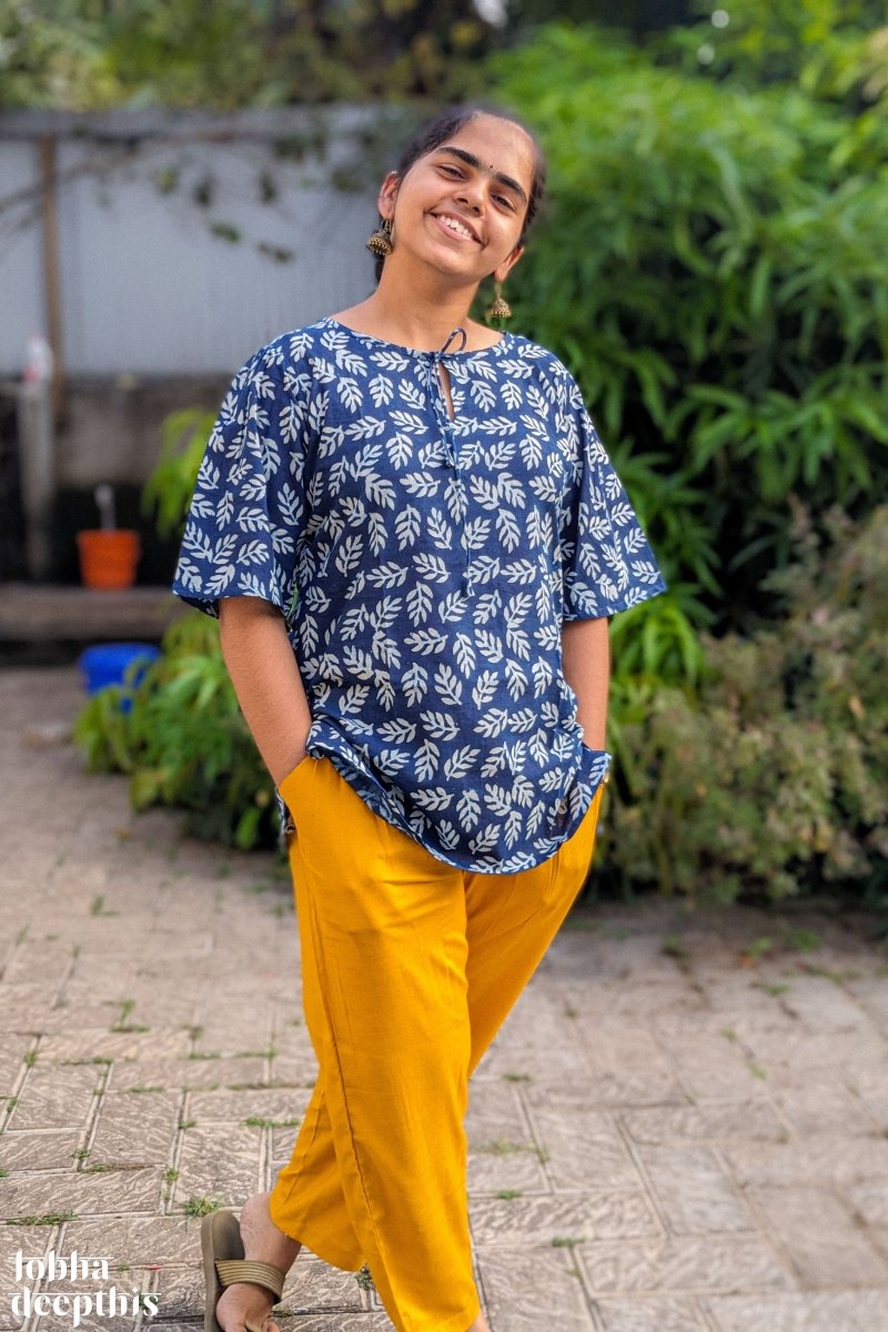 Leaves on Indigo Keyhole Neck Short Top - Lobha Deepthis