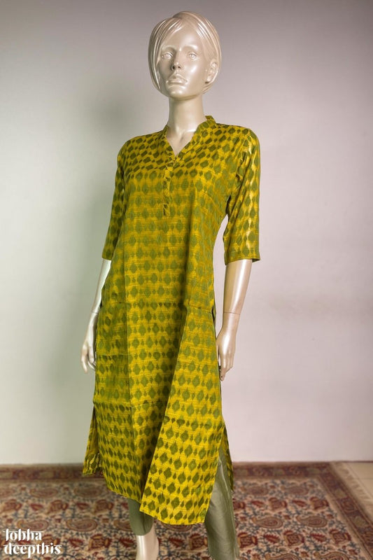 Lemon Yellow Chanderi Feel Jacquard Collar Kurta - Lobha Deepthis