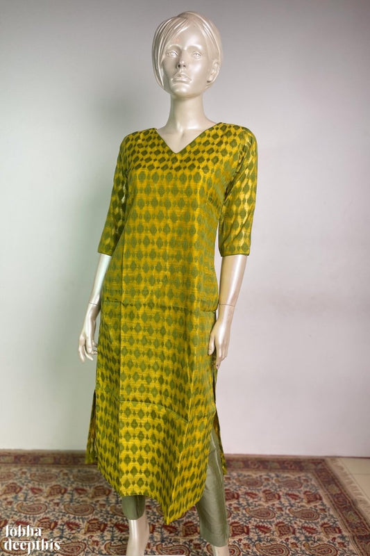 Lemon Yellow Chanderi Feel Jacquard V Neck Kurta - Lobha Deepthis