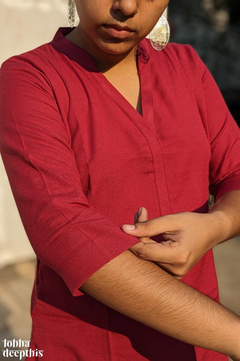 Maroon Cotton Flex Short Collar Kurti - Lobha Deepthis