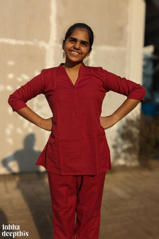 Maroon Cotton Flex Short Collar Kurti - Lobha Deepthis