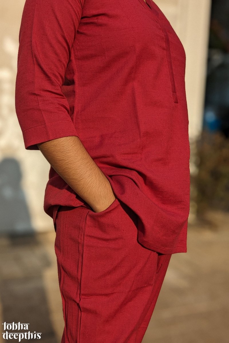 Maroon Cotton Flex Short Collar Kurti - Lobha Deepthis