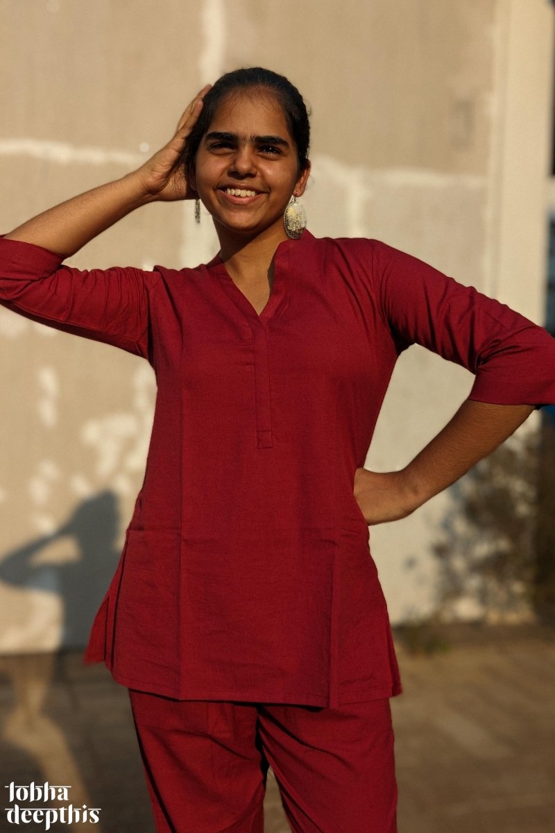 Maroon Cotton Flex Short Collar Kurti - Lobha Deepthis