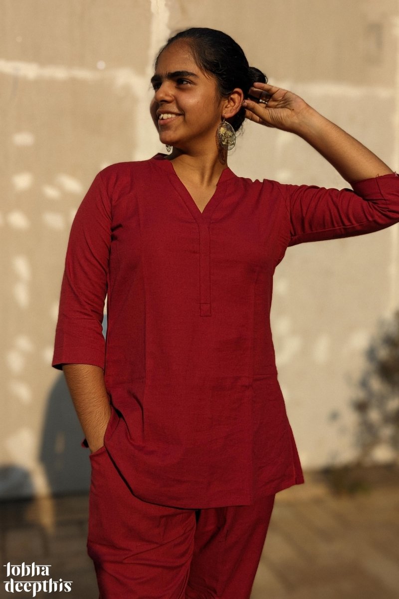 Maroon Cotton Flex Short Collar Kurti - Lobha Deepthis