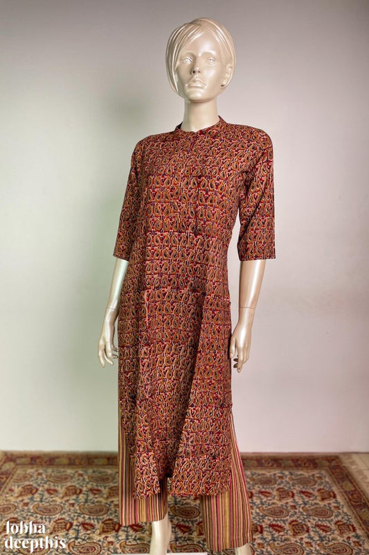 Maroon Paisleys Kalamkari Collar Kurta - Lobha Deepthis