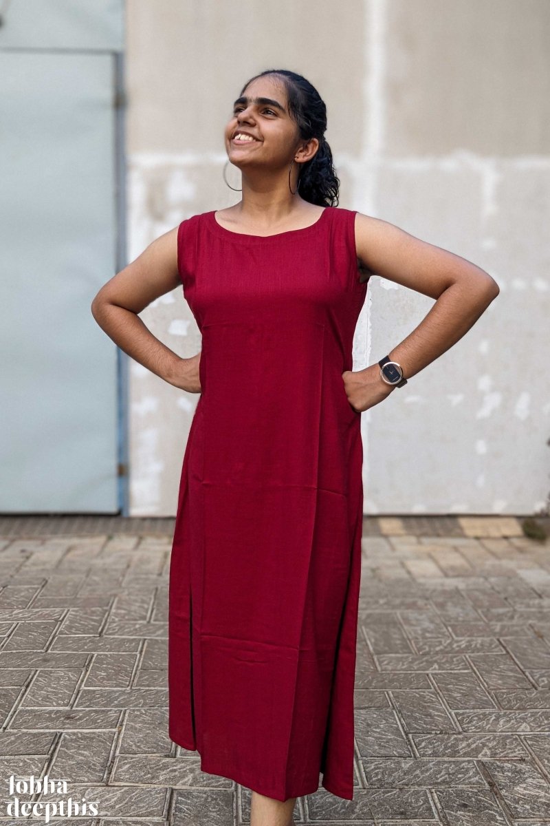 Maroon Rayon Dress with Indigo Cotton Short Jacket - Lobha Deepthis