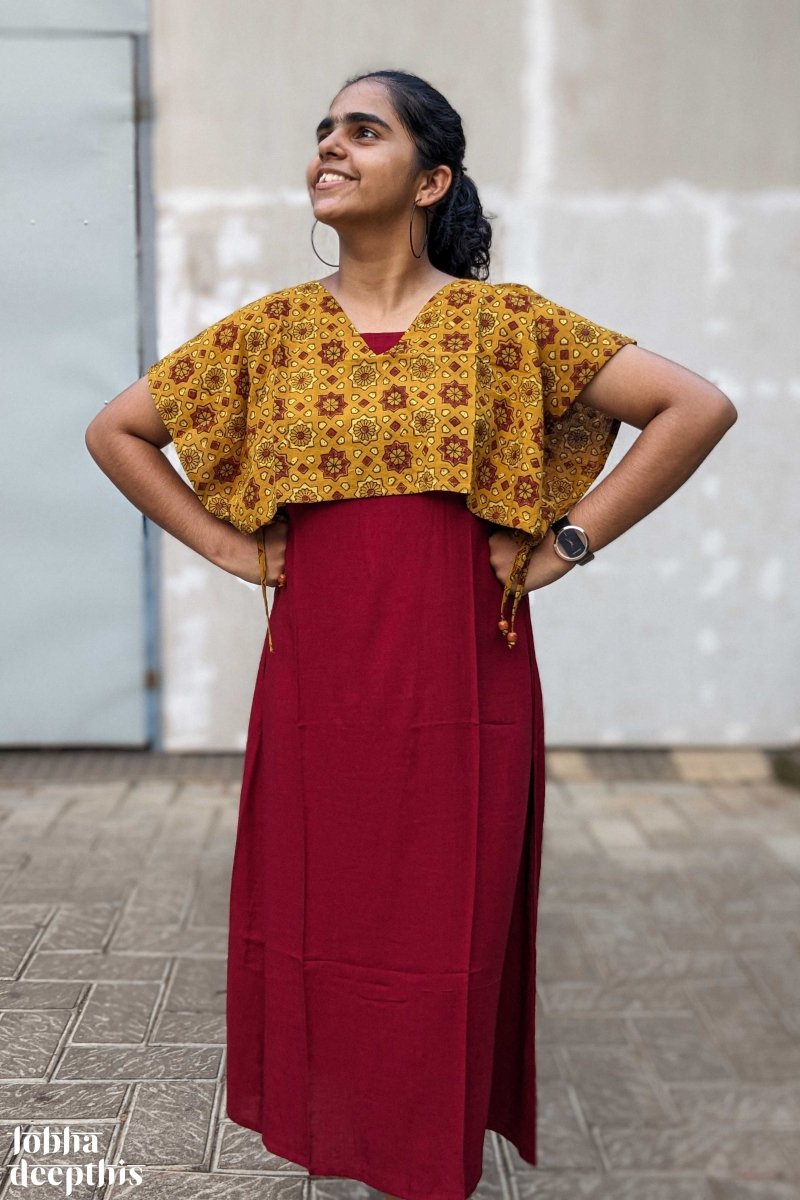 Maroon Rayon Dress with Mustard Cotton Short Jacket - Lobha Deepthis