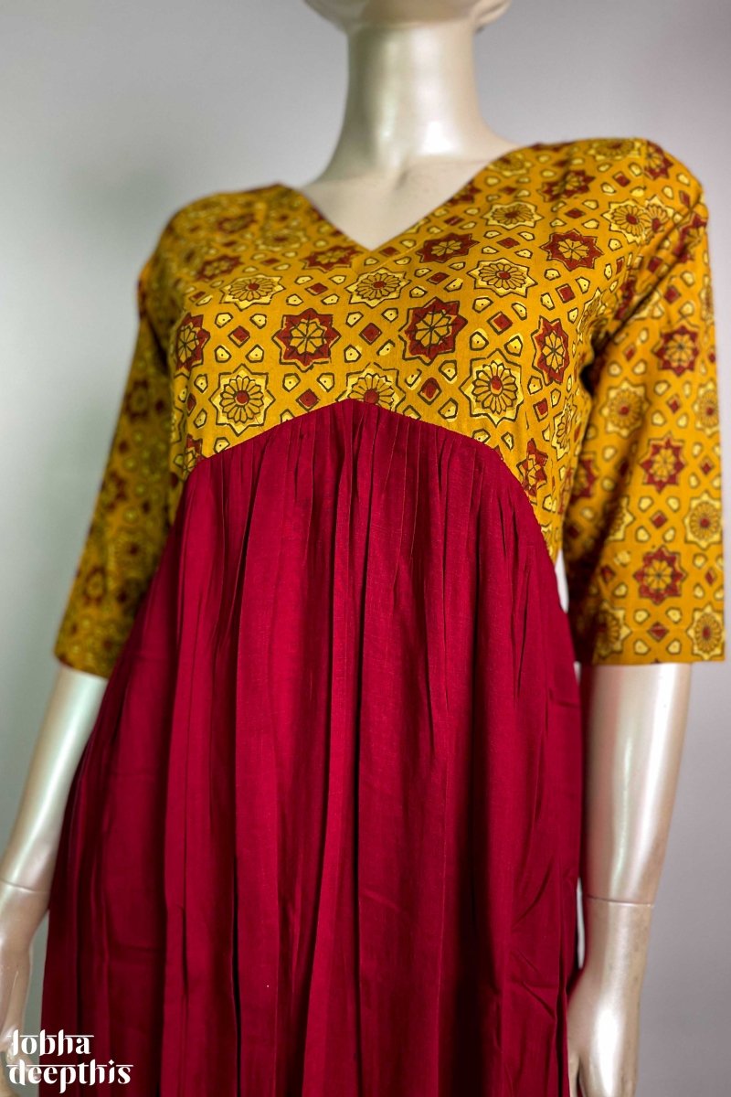 Maroon Rayon with Yellow Ajrakh Alia Cut Dress - Lobha Deepthis