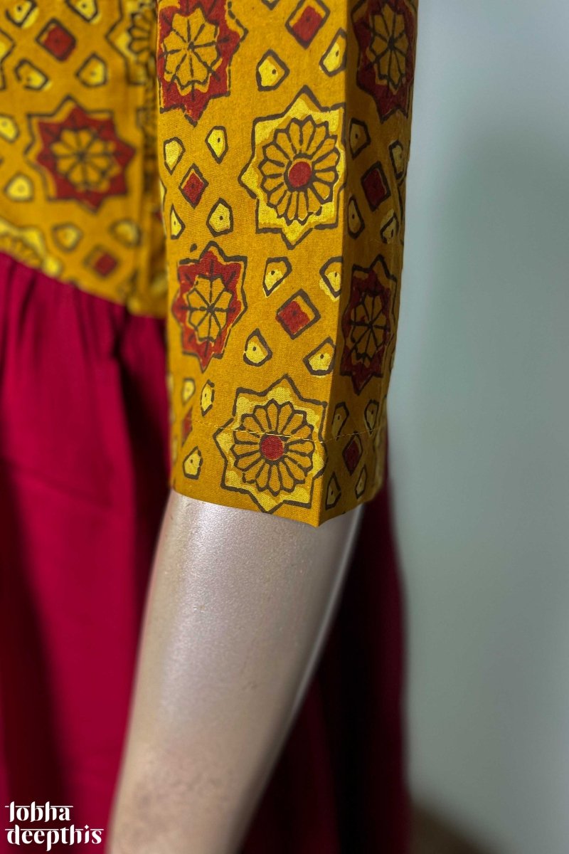 Maroon Rayon with Yellow Ajrakh Alia Cut Dress - Lobha Deepthis