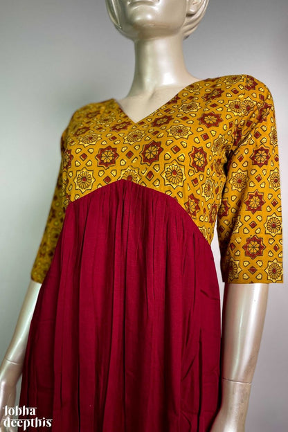 Maroon Rayon with Yellow Ajrakh Alia Cut Dress - Lobha Deepthis