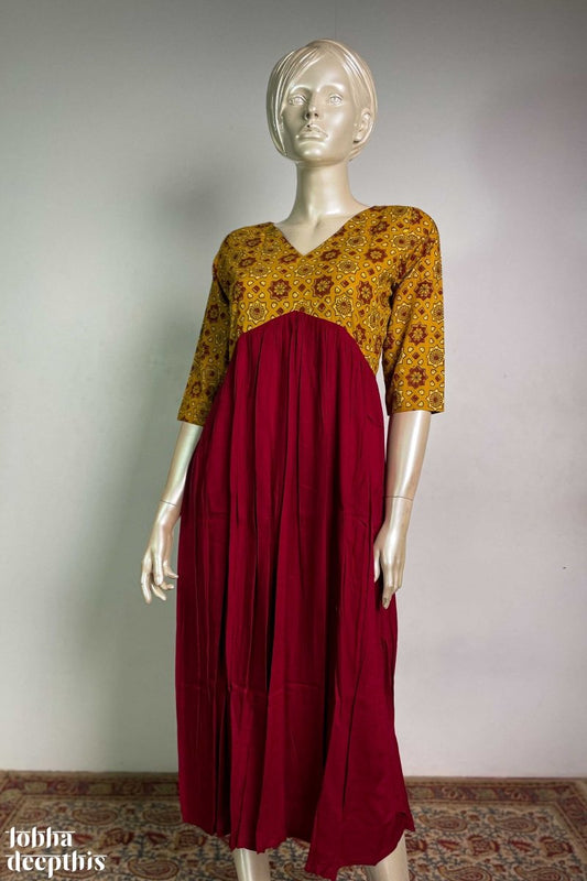 Maroon Rayon with Yellow Ajrakh Alia Cut Dress - Lobha Deepthis