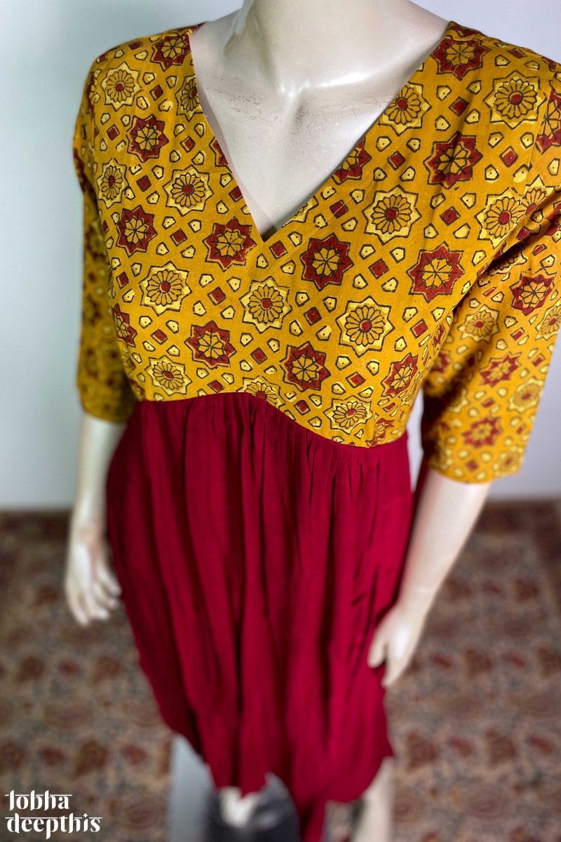 Maroon Rayon with Yellow Ajrakh Alia Cut Dress - Lobha Deepthis