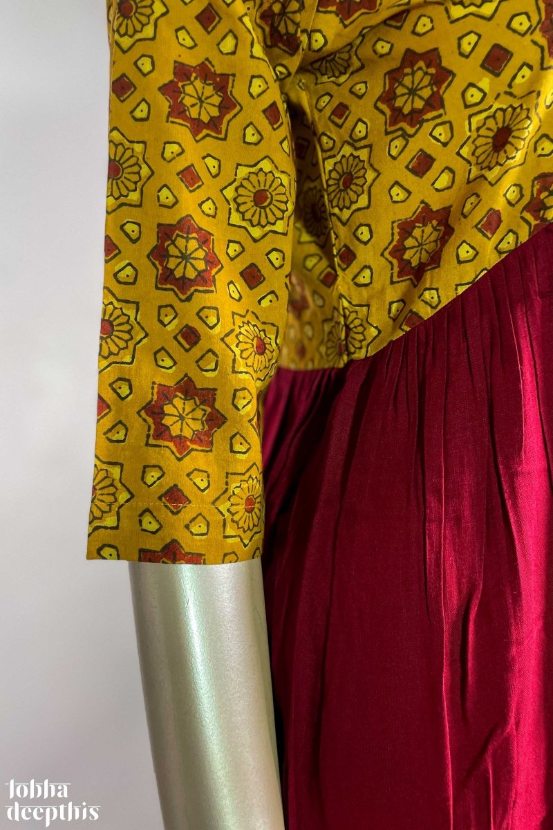 Maroon Rayon with Yellow Ajrakh Alia Cut Dress - Lobha Deepthis