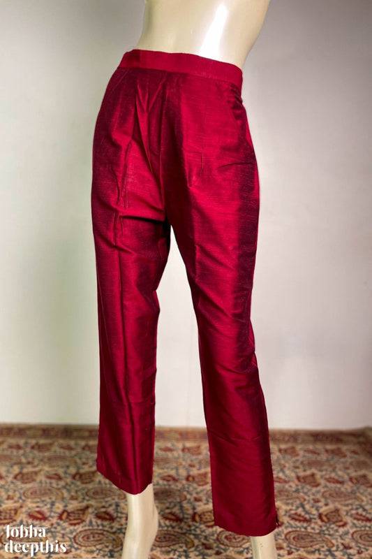 Maroon Slub Silk Pencil Pants - Lobha Deepthis