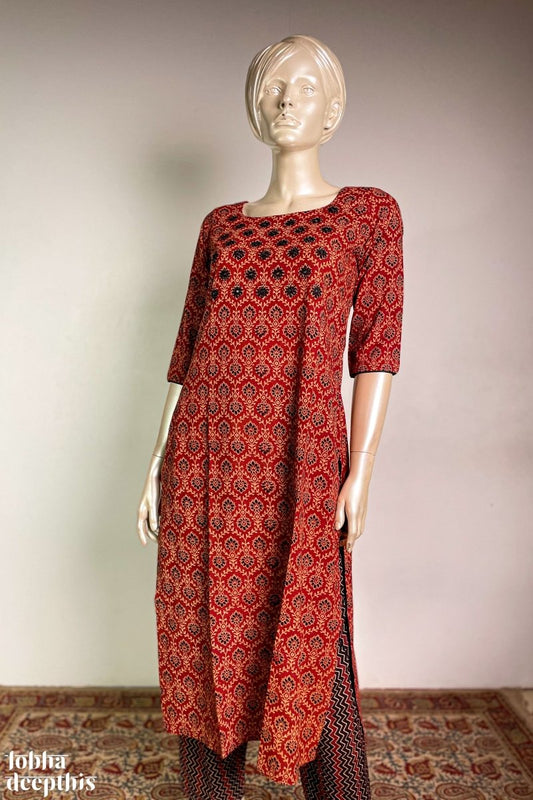 Mirrorwork Earthen Florals Red Kurta - Lobha Deepthis