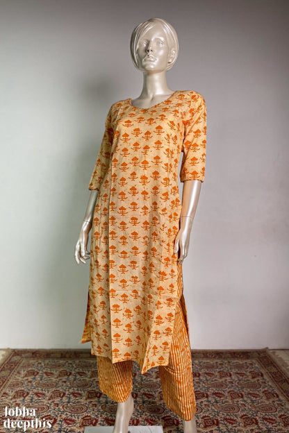 Mustard Batik Straight Co-ord Set - Lobha Deepthis