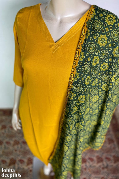 Mustard Cotton Flex V Neck Kurta - Lobha Deepthis