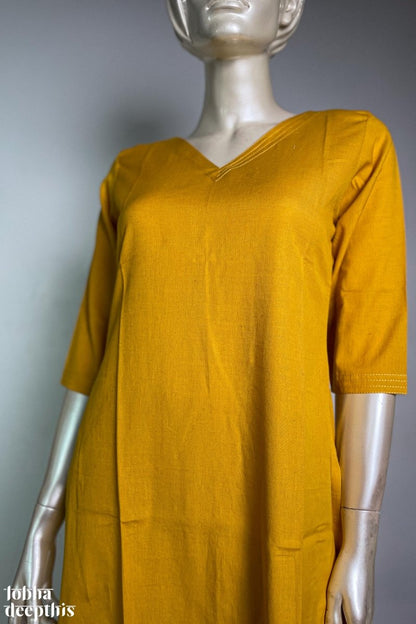 Mustard Cotton Flex V Neck Kurta - Lobha Deepthis