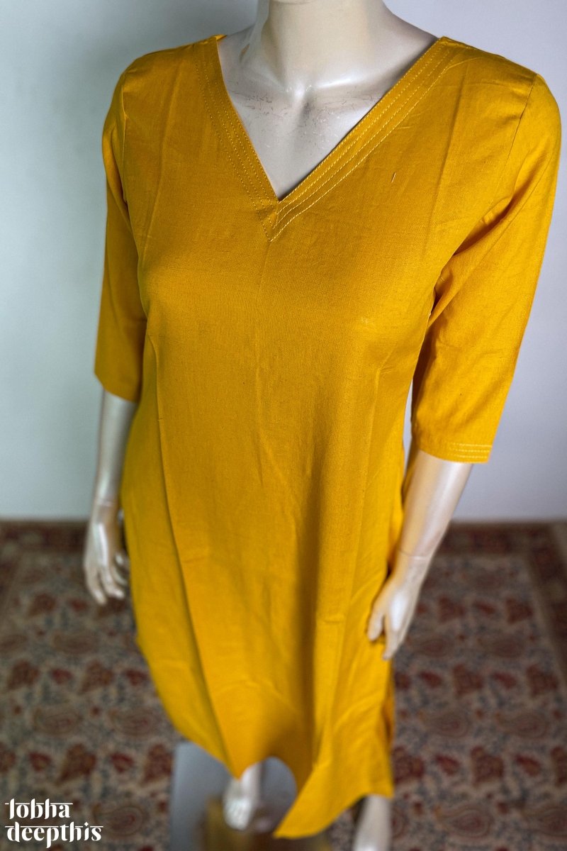 Mustard Cotton Flex V Neck Kurta - Lobha Deepthis