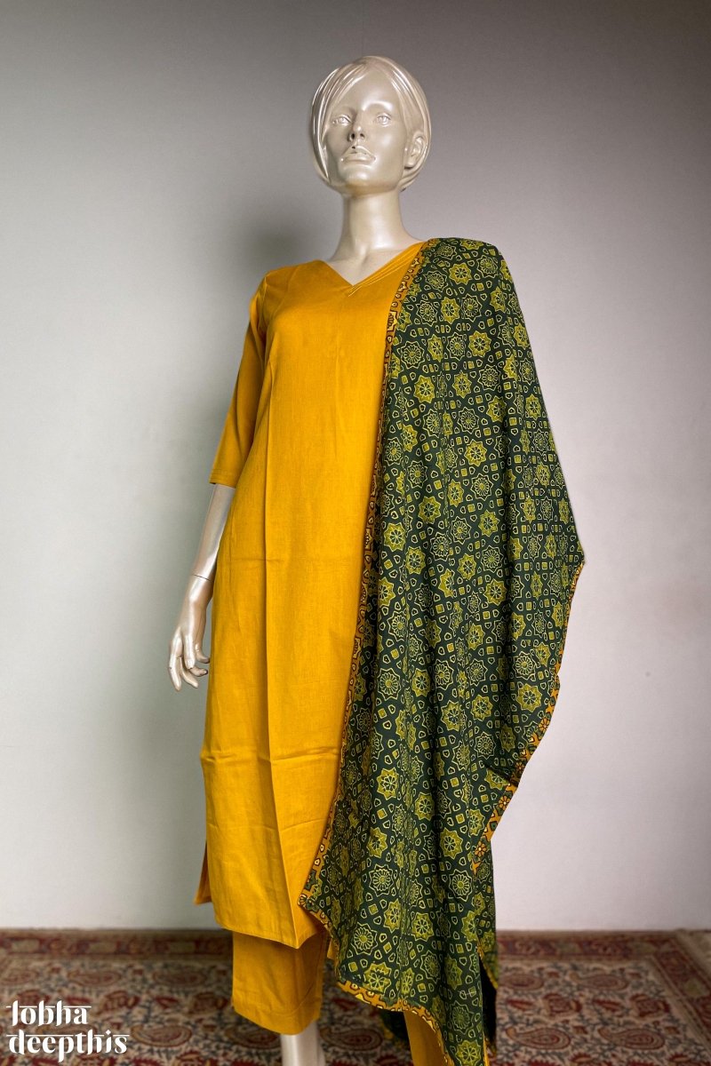 Mustard Cotton Flex V Neck Kurta - Lobha Deepthis