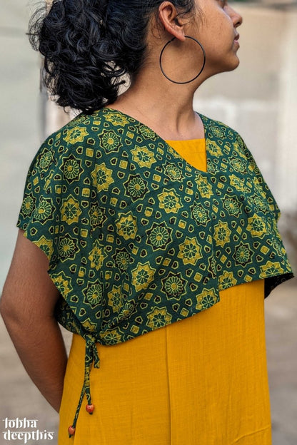 Mustard Rayon Dress with Green Cotton Short Jacket - Lobha Deepthis