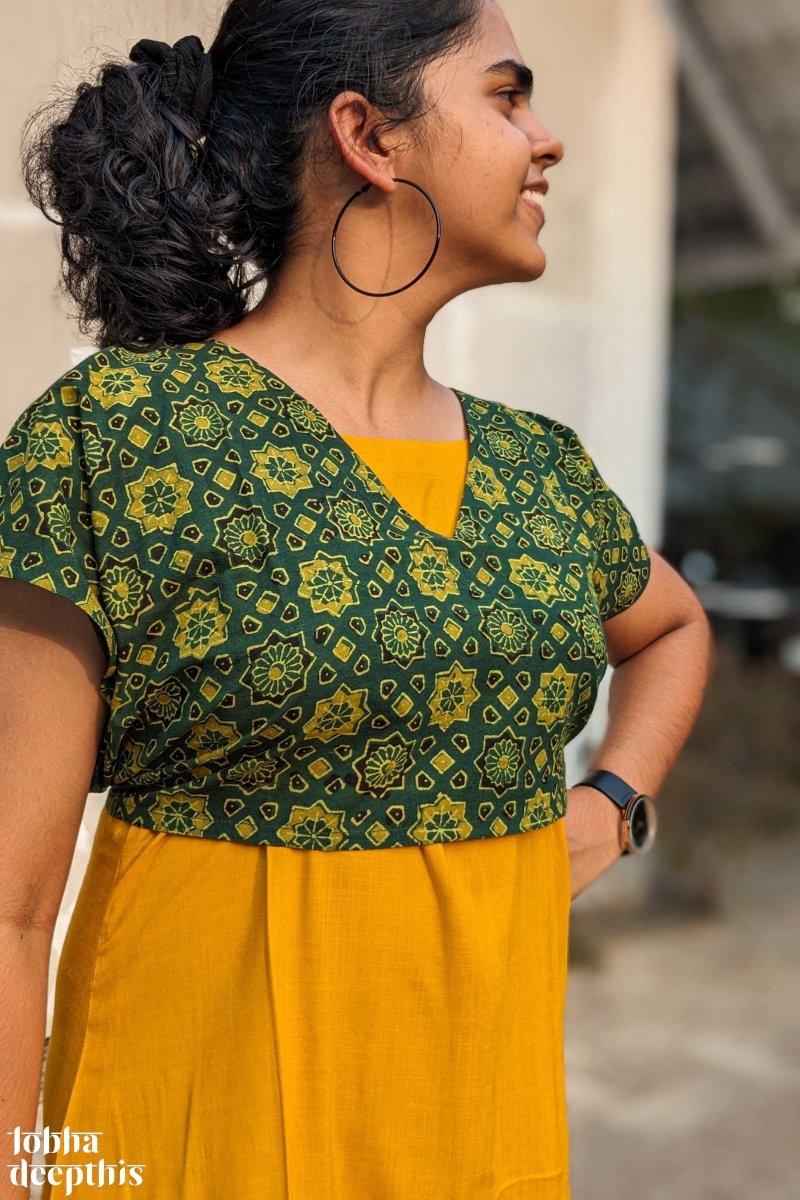 Mustard Rayon Dress with Green Cotton Short Jacket - Lobha Deepthis