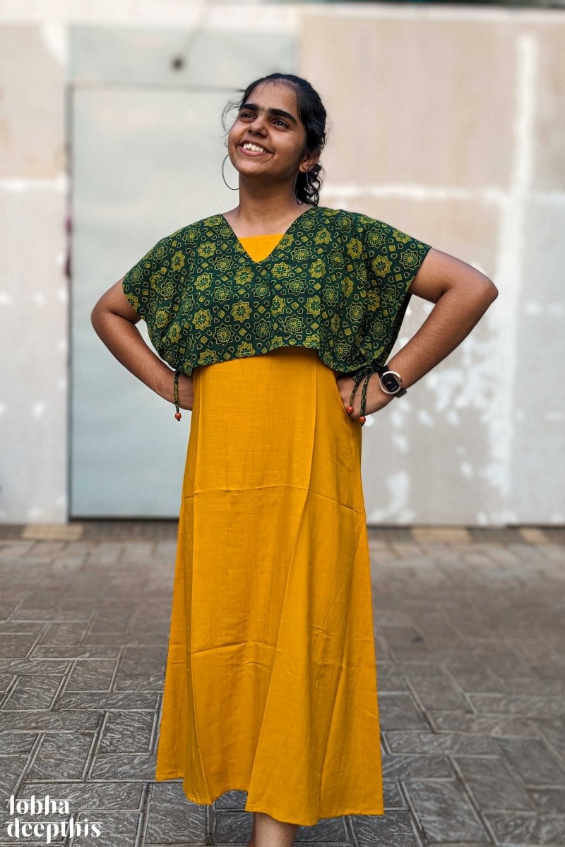 Mustard Rayon Dress with Green Cotton Short Jacket - Lobha Deepthis