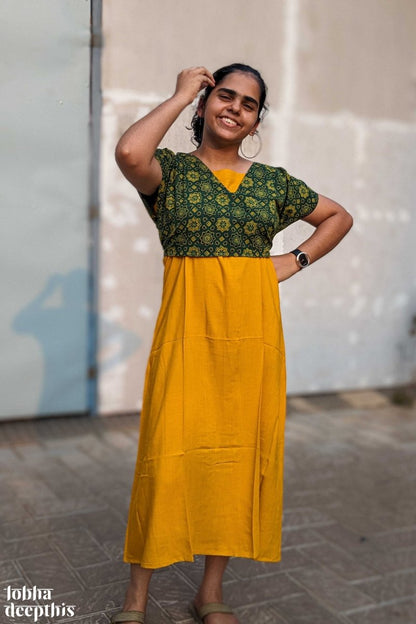 Mustard Rayon Dress with Green Cotton Short Jacket - Lobha Deepthis