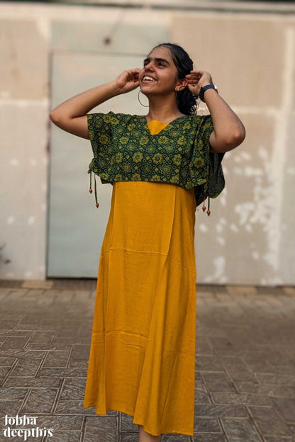 Mustard Rayon Dress with Green Cotton Short Jacket - Lobha Deepthis