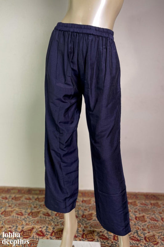 Navy Blue Nylon Silk Straight Pants - Lobha Deepthis