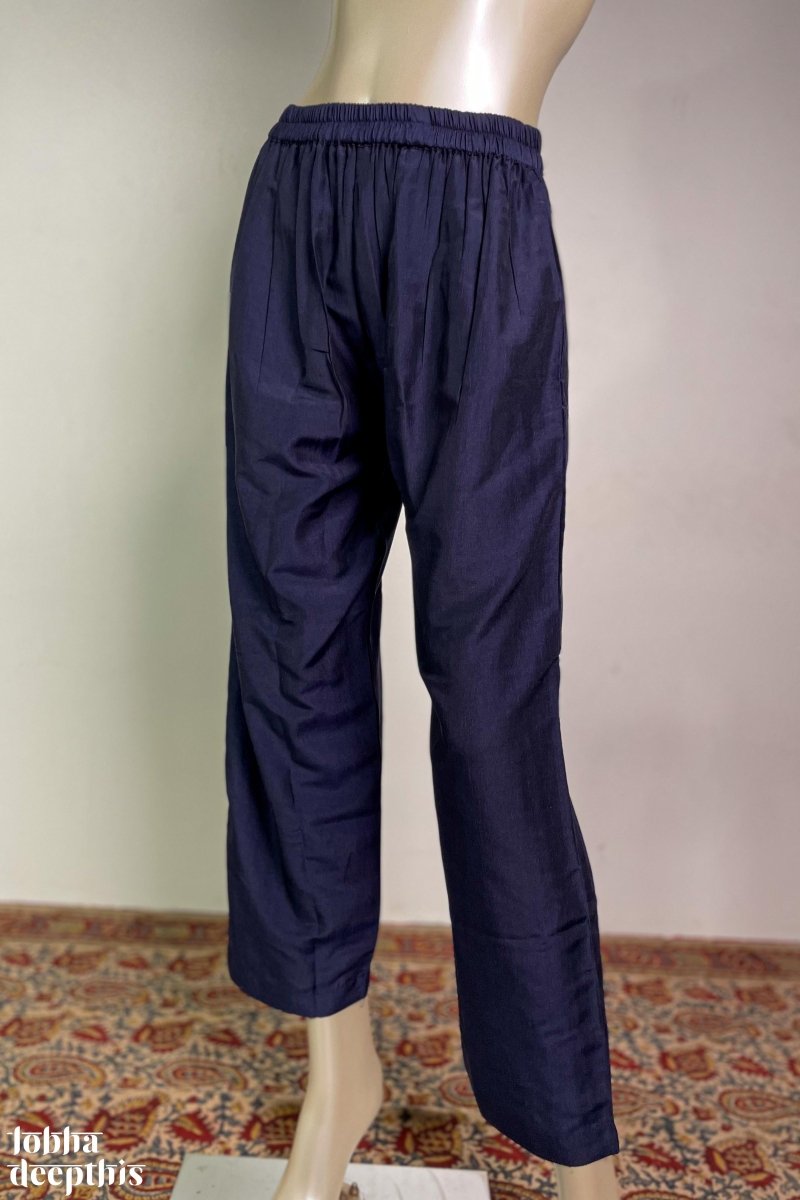 Navy Blue Nylon Silk Straight Pants - Lobha Deepthis