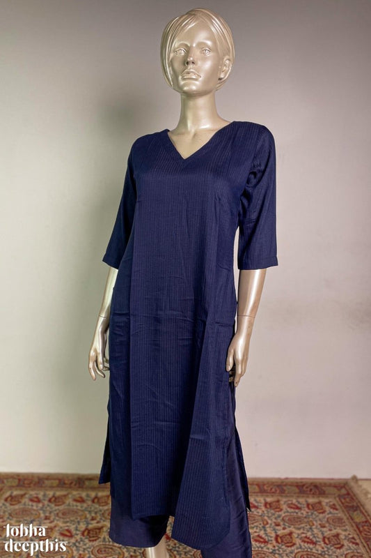 Navy Blue Nylon Silk V Neck Kurta - Lobha Deepthis