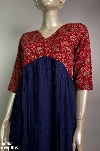 Navy Blue Rayon with Ajrakh Alia Cut Dress - Lobha Deepthis