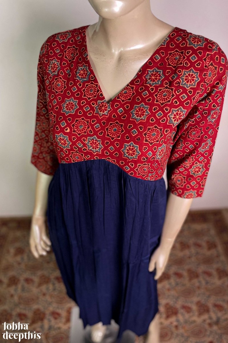 Navy Blue Rayon with Ajrakh Alia Cut Dress - Lobha Deepthis