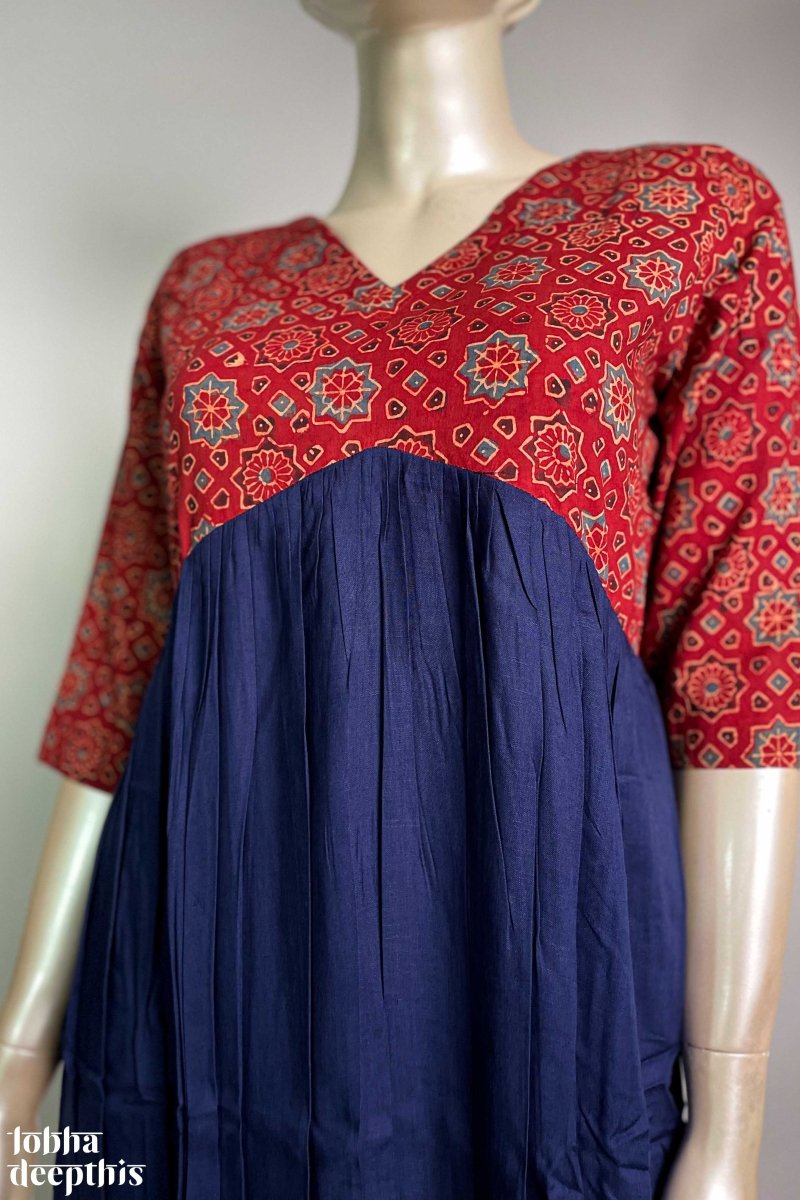 Navy Blue Rayon with Ajrakh Alia Cut Dress - Lobha Deepthis