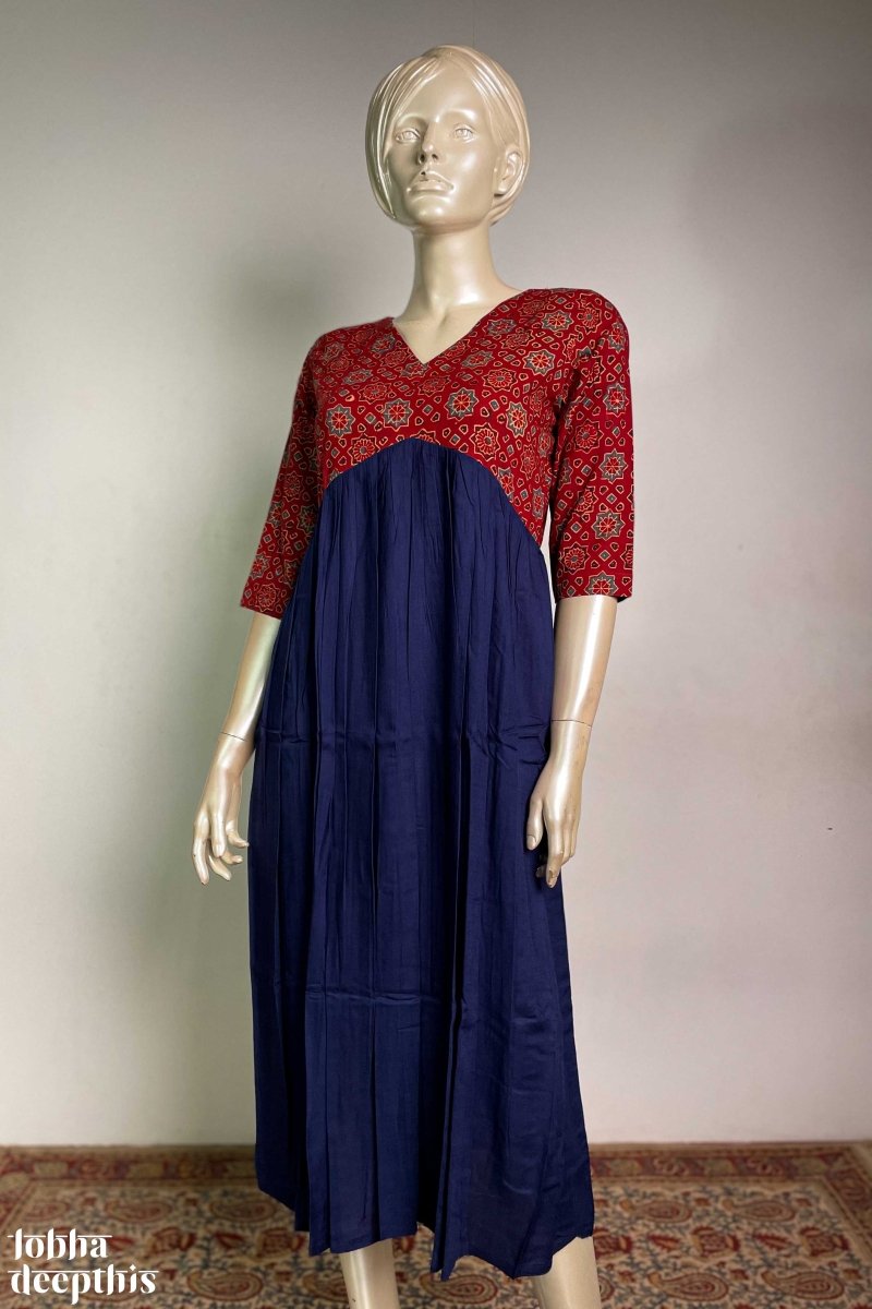 Navy Blue Rayon with Ajrakh Alia Cut Dress - Lobha Deepthis