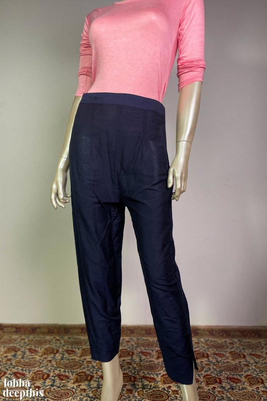 Navy Blue Slub Silk Pencil Pants - LOBHA DEEPTHIS