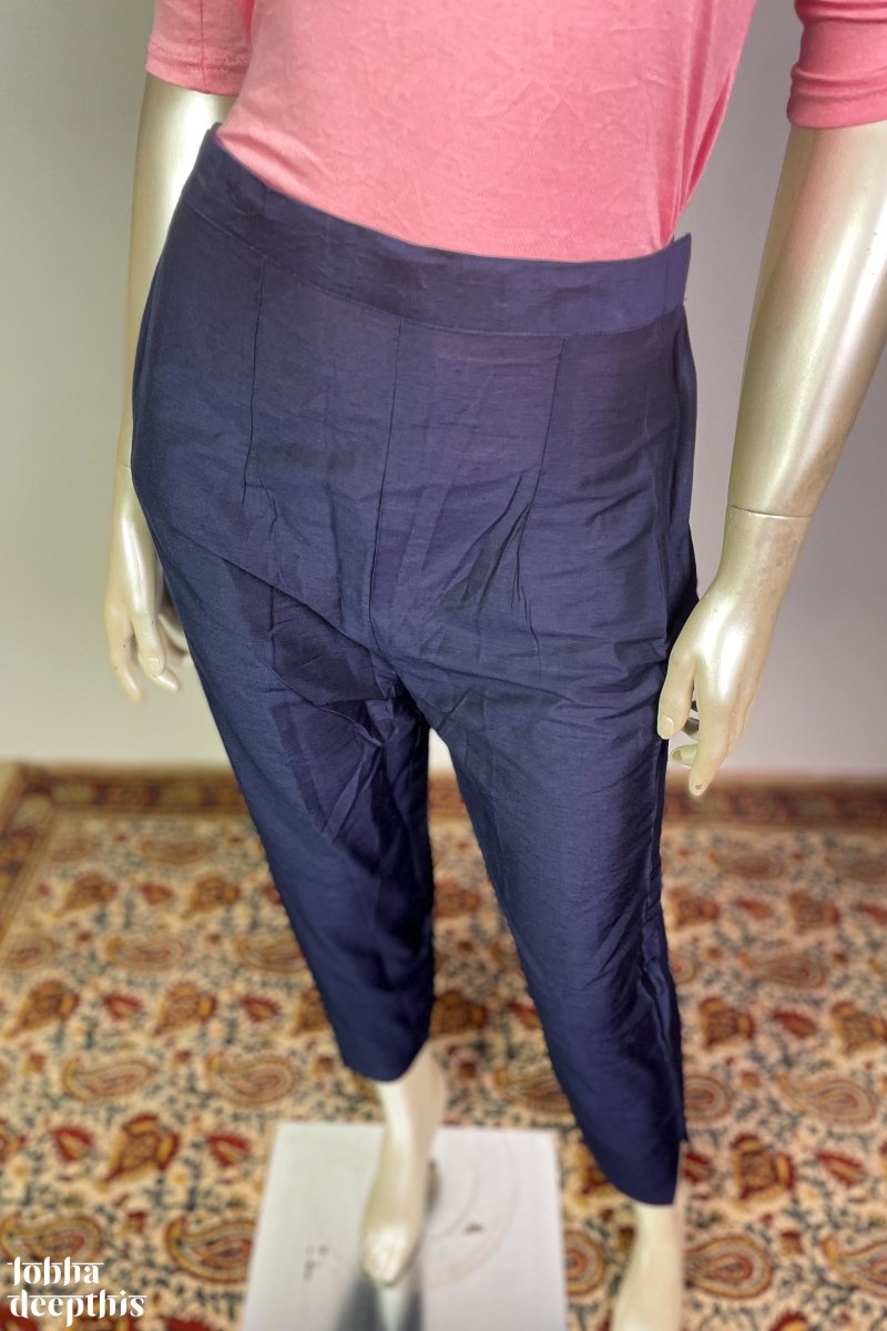 Navy Blue Slub Silk Pencil Pants - LOBHA DEEPTHIS