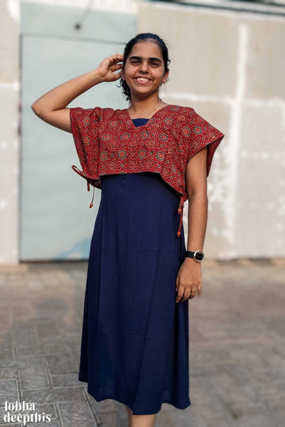 Navy Rayon Dress with Maroon Cotton Short Jacket - Lobha Deepthis