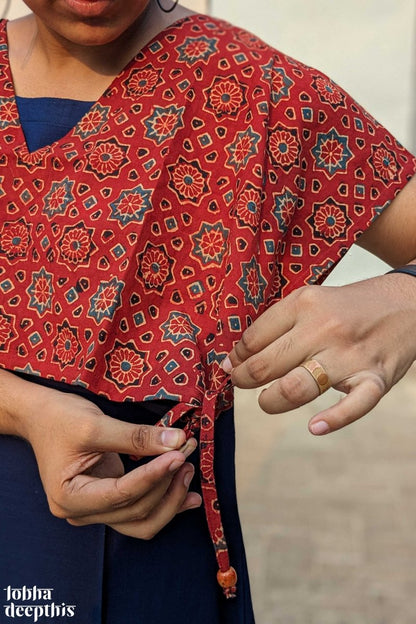 Navy Rayon Dress with Maroon Cotton Short Jacket - Lobha Deepthis